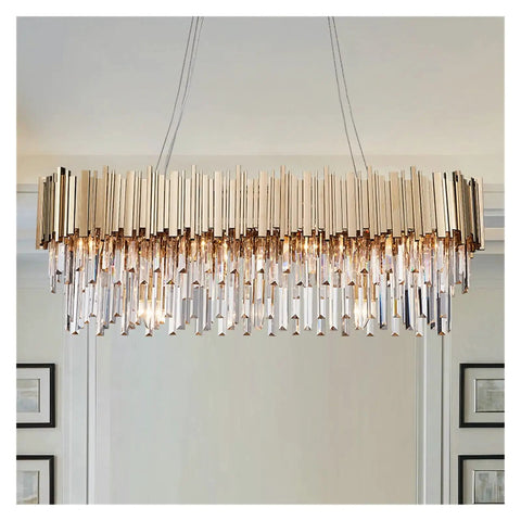 Hella Stylish K9 Crystal Pendant Chandelier Light 8 Light Gold Metal LED Hanging Lamp 90cm overhead view with crystal detailing.
