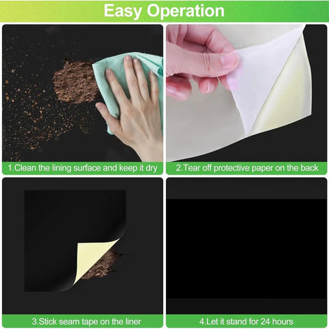 Instructions for Pond Liner Patch Kit Two Piece Adhesive Waterproof Sealing Tape For Quick Repair Durable Flexible Patch With No Fuss Application Pond Liner Seam Fix For Outdoor Gutter Pool Roof Tear Protection Use, showing cleaning, applying, and setting steps.