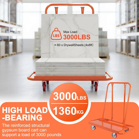Heavy Duty Glass Flatbed Handcart with Detachable Plasterboard Panels loaded to 3000 lbs displayed in warehouse