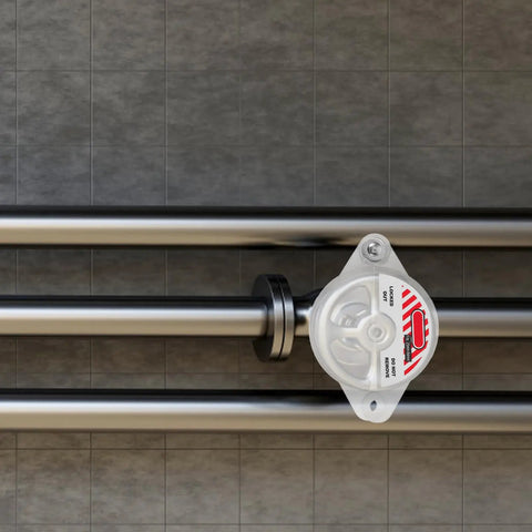 Heavy Duty Gate Valve Lockout Device For Water Spigot Security Features Transparent Window Snap Cover on industrial pipes.