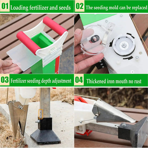 Handheld Seed Planter Transplanter Tool for Gardens, shows features like seed loading, depth adjuster, durable material.