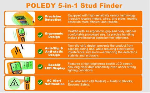 POLEDY 5 In 1 Handheld Stud Finder and Wall Scanner with ergonomic design, LCD display, and precision detection features.