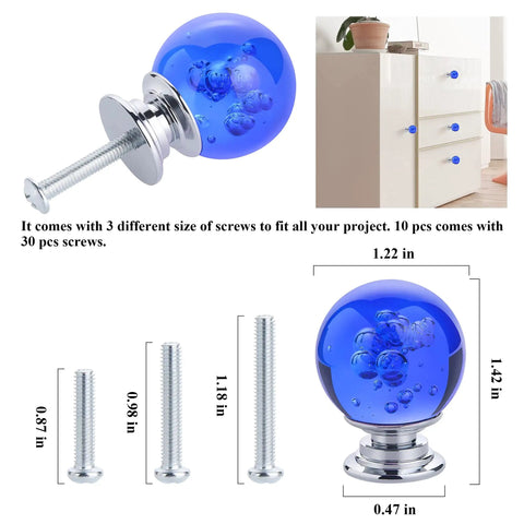 Snag These Dope 10 Piece Blue Crystal Cabinet Knobs And Glass Drawer Pulls Featuring Smooth 30mm Round Dresser Handles For Instant Kitchen Cabinet Upgrade And Fresh Home Style, showing blue crystal knob and screws.