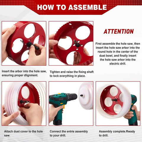 DIY Pro Grade Hole Saw Kit For Recessed And Can Lights assembly steps with drill, red hole saw, and dust bowl guard
