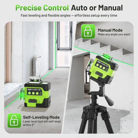 Pro Grade Laser Level 360 Self Leveling With Digital Angle Screen displayed in auto and manual modes on construction site.