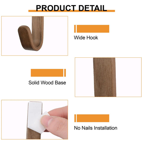 No Sweat Self Adhesive Wood Hooks, 6 Piece Set With Real Beech And Walnut Grain, wide hook detail with solid wood base and adhesive.