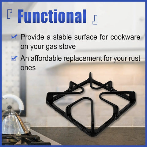 Gas Stove Burner Grate Replacement Set 8.5 By 8.5 Inches Cast Iron For GE Ranges Built To Last Durable Cast Iron Grate Pack Of 4 Replacement Parts Replaces 770157 AH244198 displayed on kitchen counter