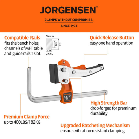 Jorgensen Six And Five Eighths Inch Ratcheting Track Saw Clamps, guide rail set with quick release for MFT tables, 400 lb capacity