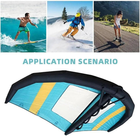 Inflatable Windsurf Wing For Water Sports 4m, 5m, 6m in blue and yellow, ideal for wingfoiling, kiteboarding, surfing applications.