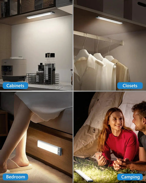 Rechargeable Motion Sensor Under Cabinet Lights 2 Pack With 30 LEDs illuminating cabinets, closets, bedroom, and camping scene.