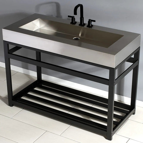 Matte Black Widespread Bathroom Faucet With Pop Up Drain, Solid Brass Construction, on a modern sink, deck mount 3-hole style.