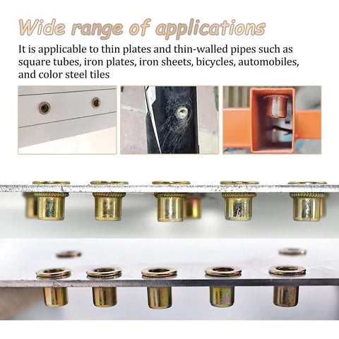 No Sweat 7 Piece Hand Rivet Nut Tool Kit Built From Hardened Carbon Steel showing applications on thin metal plates and pipes.
