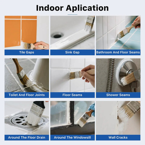 No Sweat Clear Waterproof Sealant And Adhesive, 10.5oz, applied to various indoor gaps and seams for leak repair.