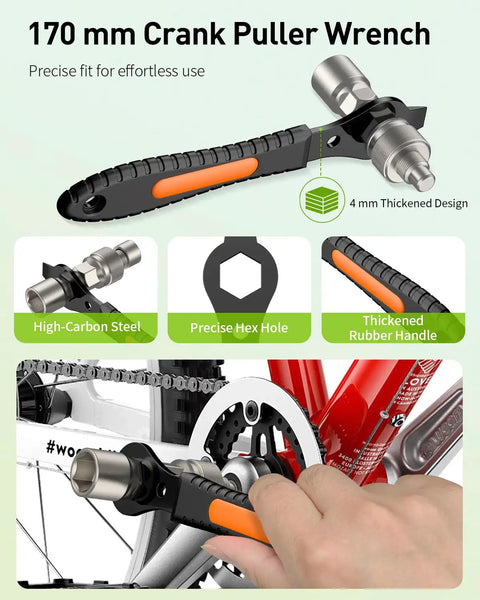 Upgraded Bike Crank Puller Kit With Wrench And Top Cap for Easy Crank Removal shown with 170 mm handle in use on bike