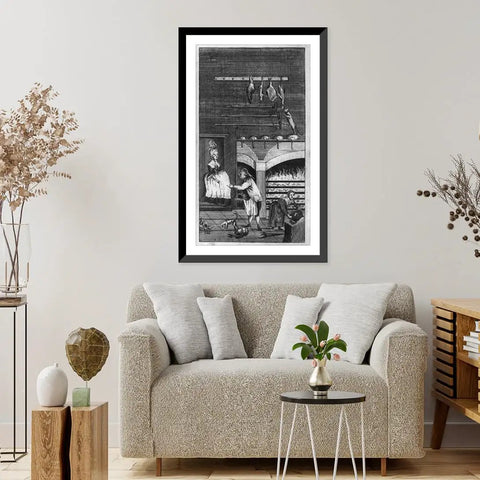 Old School Retro Kitchen Scene Vintage Black And White Antique Wall Art Print Framed In Black Wood With A Woman Scrubbing A Pot 17x22
