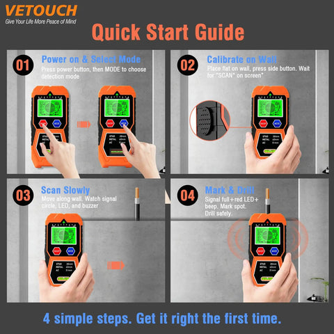 No Sweat 7 In 1 Wall Scanner And Stud Finder shows quick start guide steps for using the device with clear illustrations.