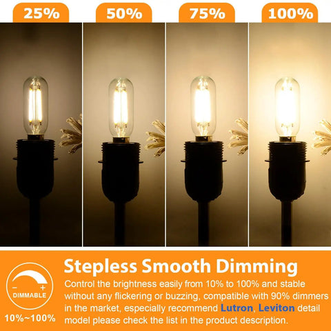 LED Candelabra Bulbs 40W Equivalent Dimmable 2700K Warm White Clear T6 Vintage Filament 4W 400lm E12 Small Bulbs for Chandeliers and Ceiling Fans Tubular T25 Style Cozy Glow That Pairs with Lutron and Other Dimmers 6 Pack showing dimming levels from 25% to 100%.