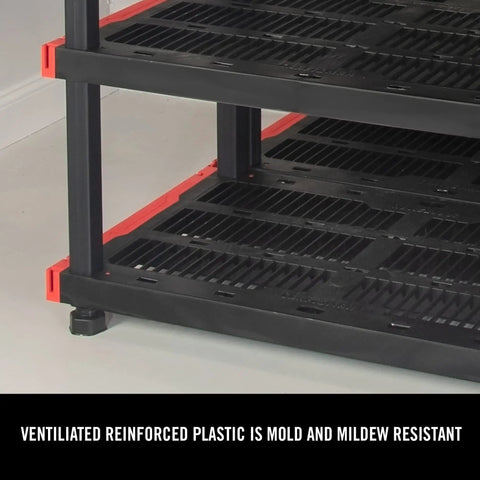 Heavy Duty Four Tier Plastic Storage Shelves For Garage Organization Built Tough With Ample Space Easy Setup indoors view of ventilated reinforced plastic shelves.
