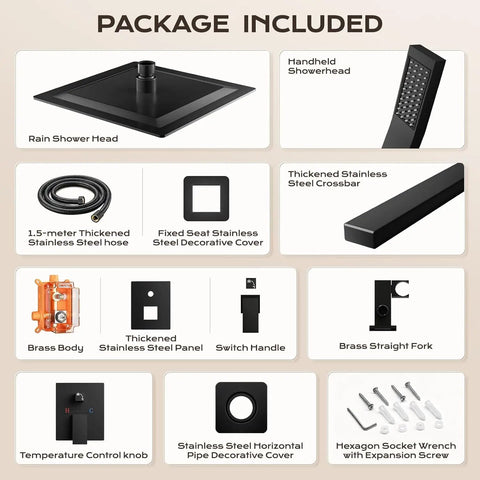 Slick Matte Black Shower Faucet Set With 10 Inch Rain Head And Handheld Sprayer, Boasting Top Shelf Pressure Balance For Zero Sweat Temperature Control In Any Home Setup package contents including rain shower head, hose, and control knobs.