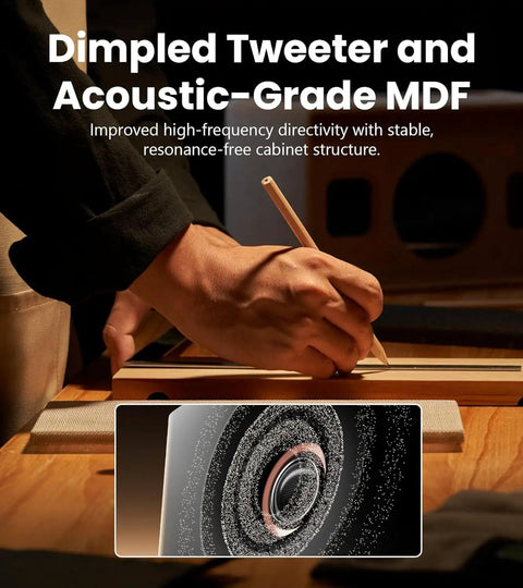 Close-up of Hi Res Audio 2.0 Studio Monitors For Your Home Studio Setup Vibe, dimples on 1-inch silk dome tweeter shown.