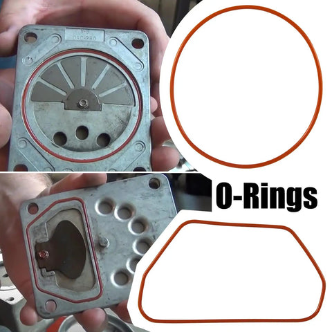 Close-up of Air Compressor Piston And Connecting Rod Replacement Kit With Piston Bearing showing O-rings and metal components.