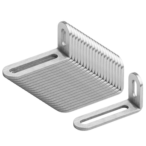 Twenty Pack Rock Solid Stainless Steel Slotted L Angle Brackets Corner Support Hardware Built To Last For Carpentry And Home Repairs Friendly No Fuss Setup 3 1 8 Inch Size With Smooth Brushed Look, showing aligned brackets.