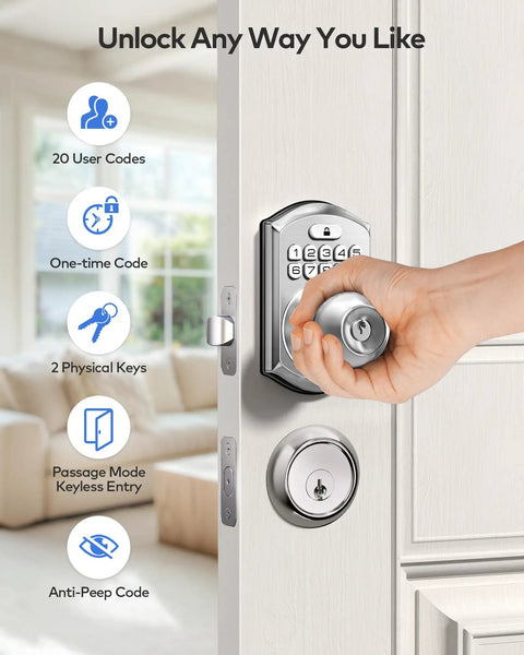 Heavy Build Satin Nickel Keypad Door Knob Lock Keyless Entry Handle in use with keypad and door handle for secure access.