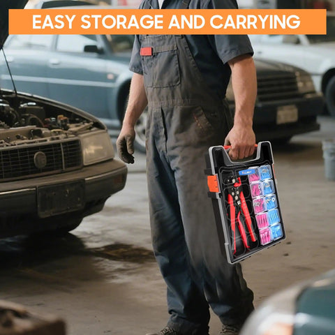 Mechanic holding All In One Wire Crimping Kit With 340 Heat Shrink Connectors for automotive, marine and electrical repairs
