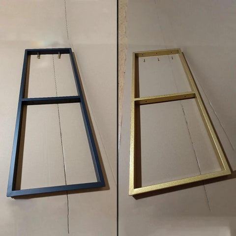 Hella Sturdy Badass Heavy Duty Floating Shelf Brackets, black and gold two tier wall support frames on beige background.
