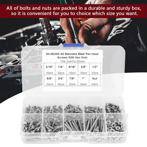 Dope 304 stainless steel pan head screws with hex nuts and washers set for serious machinery hardware maintenance, featuring 22 pieces in a massive 180 piece assorted machine screw kit.