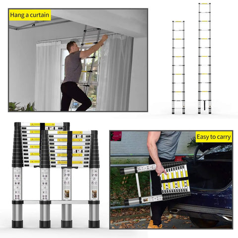 8.5Ft Telescoping Ladder Workhorse Portable Aluminum Extension Ladder with Stabilizers in use and folded for easy carrying.