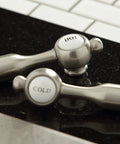 Handles for Tudor Style Wall Mount Bridge Kitchen Faucet In Polished Brass With 8.5 Inch Reach And 8.1 Inch High Arc