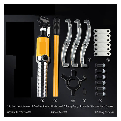 Hardcore Hydraulic Gear Puller With Adjustable Swappable Jaw Claws For Twenty Ton Yanking Of Stubborn Wheel Bearings And Axle Overhaul Badass Tool For Wrenchers components layout including pump body, handle, and claw feet.