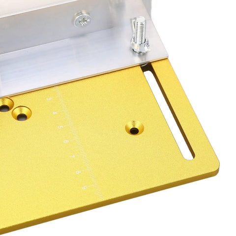 Premium Anodized Gold Aluminum Router Lift Base, precision insert plate with measurement markings and mounting holes for woodworking.