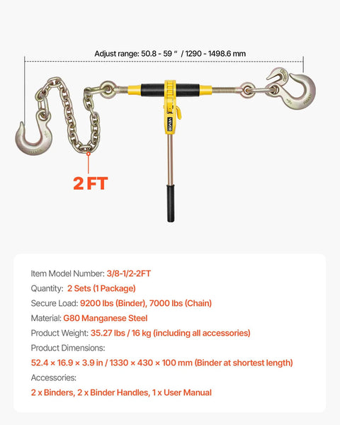 No Nonsense Heavy Duty Ratchet Chain Binder Secure Cargo Like A Pro, 9200 Lb Working Load With G80 Steel, Fits 3/8 To 1/2 Inch Chains, showing 2 ft adjustable length.