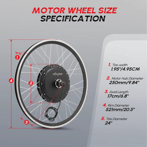Diagram showing dimensions for Beefed Up 750W Front Wheel Ebike Conversion Kit With 36V Battery for 20 to 24 inch bikes.