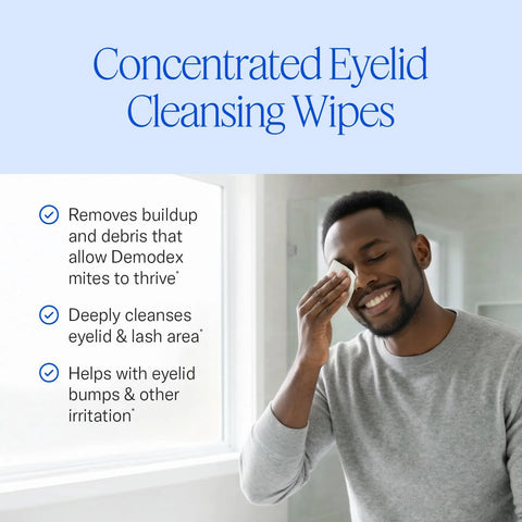 Cliradex eyelid cleansing wipes, front view of man applying wipe to eyelid.