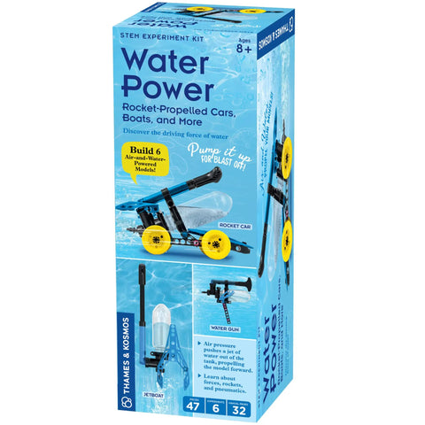 Box of Water Power STEM Kit For Kids Hands On Build Rocket Propelled Cars And Jet Boats Explore Air And Water Physics Pneumatics Action Reaction Six Models Full Color Manual And Experiment Guide with blue and yellow design.