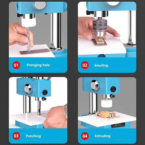 Precision Manual Arbor Press Featuring Smooth Lever Action 1 Ton Capacity Metal Punch Tool performing pronging, knurling, punching, and extruding tasks.