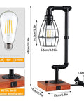 Stepless Dimmable Industrial Nightstand Lamp With Dual USB Ports, Edison Rustic Metal Pipe Look, 6W LED, black and wood base