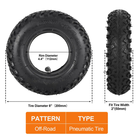 Tear Up Trails With This Rock Solid 200X50 Dirt Scooter Knobby Tire Inner Tube 8X2 Off Road Go Kart Replacement Block Tread For Dune Buggy RZ Phase Two Rx200, showing 8 inch diameter and 2 inch width.
