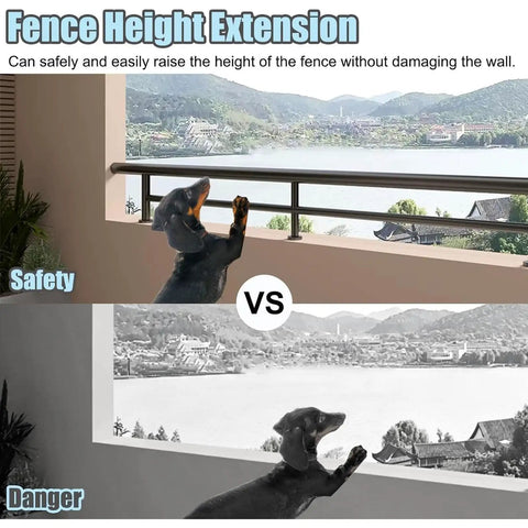 Dead Set Strong Horizontal Deck Railing Kit Adjustable Flat Fence Extension showing safety comparison for pet protection.