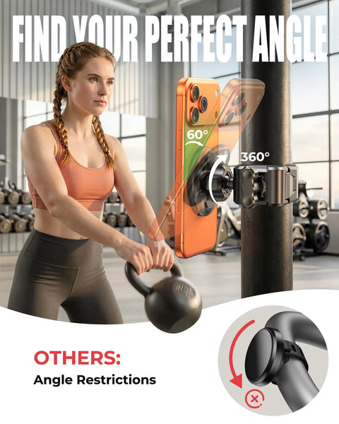 Magnetic Gym Phone Holder With Clamp for Treadmills showing 360 rotation, 60 tilt with iPhone in a gym setting