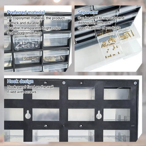 Close-up of 33 Drawer Plastic Small Parts Organizer For Hardware, Crafts, Beads And More with full extension drawers and separators