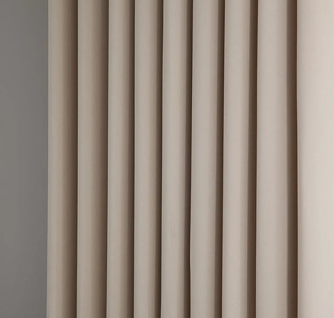 Close-up of Two XXL Wall To Wall Beige Ivory Blackout Curtains Panels, 108 By 108 Inches Each, 18 Feet Total Width, Includes Two Free Tiebacks
