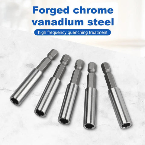 Five magnetic extension socket drill bit holders made of forged chrome vanadium steel, displayed on a surface.
