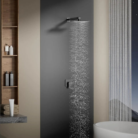 Heavy Duty Eight Inch Rain Shower Head And Matte Black Faucet Set Crafted From Solid Brass And Tough 304 Stainless Steel for a modern bathroom setup.
