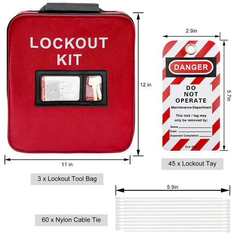 Three In One Lockout Tagout Kit For OSHA Safety Compliance With Clamp On Circuit Breaker Locks Hasps Tags Cable Ties Pouch And Universal Multi Pole Breaker Lockouts Complete LOTO Set Three Kits In One showing red lockout pouch, safety tag, and cable ties.