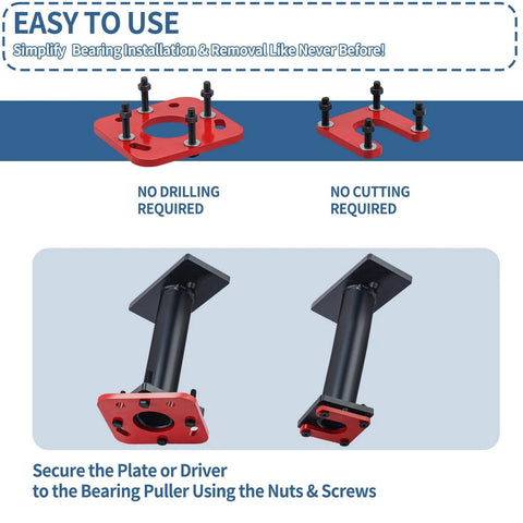 Bicos rear axle bearing puller and installer tool with red mounting plate and black shaft for ABS tone ring removal.