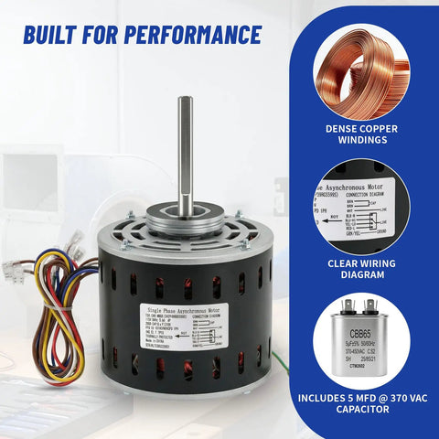 Furnace Blower Motor Heavy Duty One Third HP 115V 1075 RPM Four Speed Replacement for GE Trane American Standard